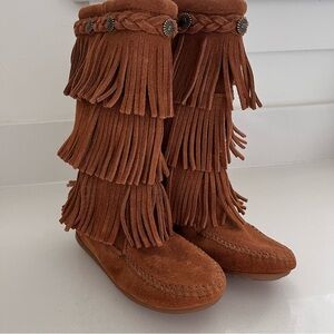 Minnetonka Triple Fringe Moccasins Suede Boots Girls Size 12